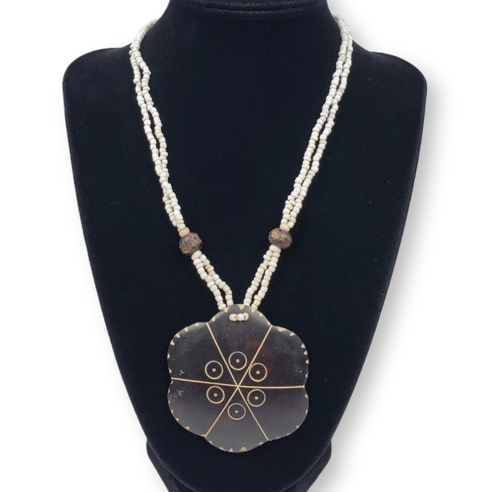 Carved Wood Flower Necklace Dark Brown Pendant White Beaded Double Strand 17"